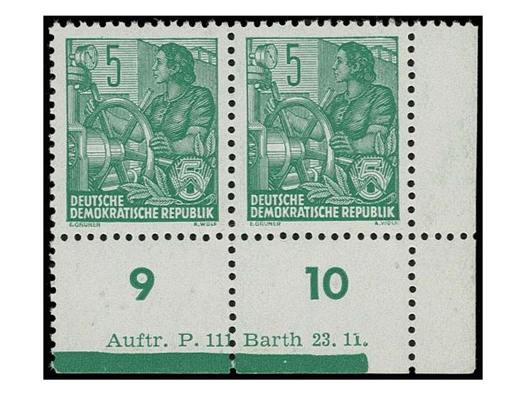 5 Pfg. mit Wz. 2X I im waagerechten Paar aus der rechten unteren Bogenecke mit Druckkontrollvermerk 3 "Auftr.P.111 Barth 23.1