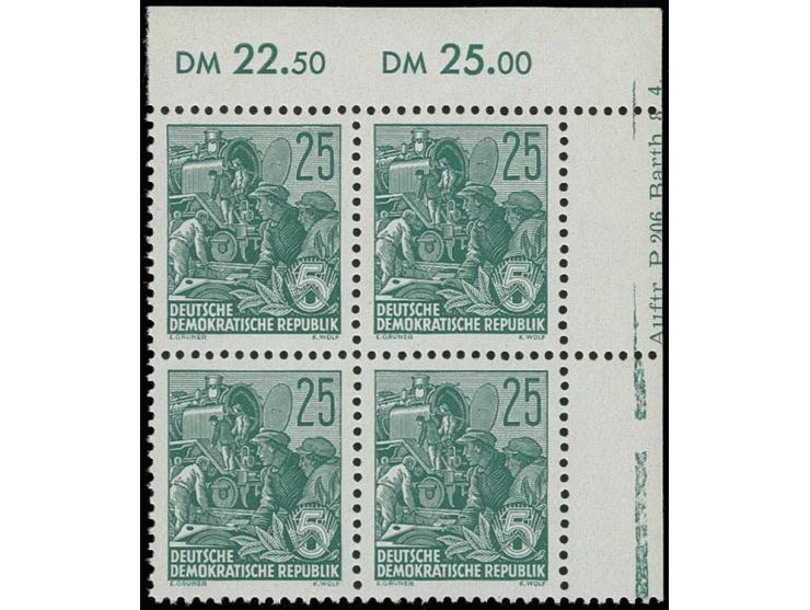 25 Pfg. mit Wz. 2X I im Viererblock aus der rechten oberen Bogenecke mit Druckkontrollvermerk 3 "Auftr.P.206 Barth 8.4.", pos