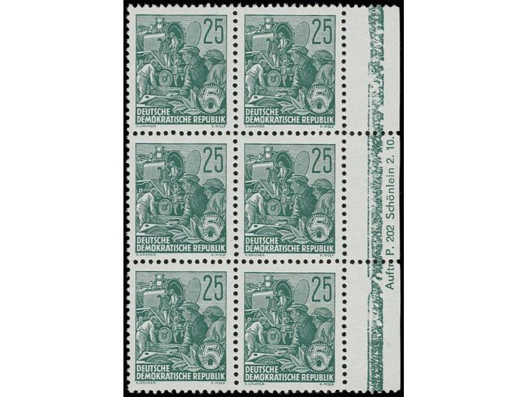 25 Pfg. mit Wz. 2X II im senkrechten 6er-Block mit rechtem Rand und Druckkontrollvermerk 4 "Auftr.P.202 Schönlein 2.10.", pos