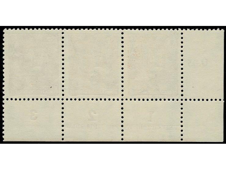 Fünfjahrplan 5 auf 8 Pfg. mit mattem Aufdruck und Wz. 2X II im waagerechten Dreierstreifen aus der linken unteren Bogenecke m