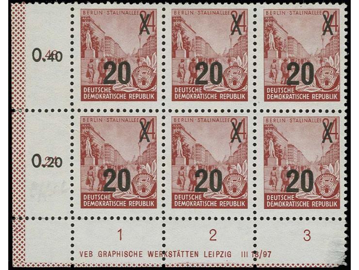 20 auf 24 Pfg. bräunlichkarmin mit Wz. 2X II, Neuauflage der Odr.-Urmarke, im Sechserblock aus der linken unteren Bogenecke m