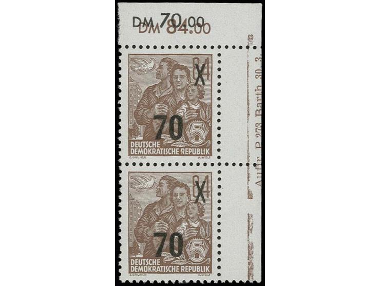 70 auf 84 Pfg. mit Wz. 2X I im senkrechten Paar aus der rechten oberen Bogenecke mit Druckkontrollvermerk 4 "Auftr. P 273 Bar