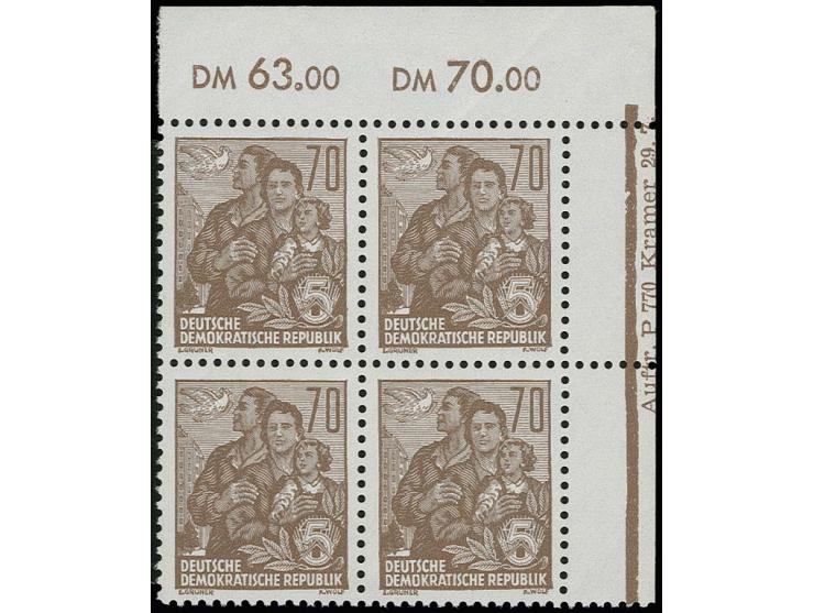 Fünfjahrplan 70 Pfg. mit Wz. 2X I im Viererblock aus der rechten oberen Bogenecke mit Druckkontrollvermerk 1 "Auftr. P 770 Kr