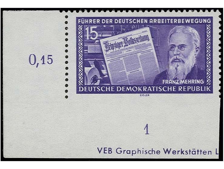 1955, Führer der Arbeiterbewegung 15 Pfg. aus der linken unteren Bogenecke mit großem Teil des Druckvermerks, unten ungezähnt