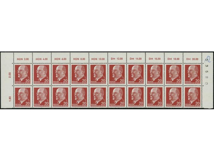 Ulbricht 20 Pfg. im waagerechten Oberrand-20er-Streifen mit Währungsbezeichnung "MDN 10.00 und DM 12.00", postfrisch, Faltste