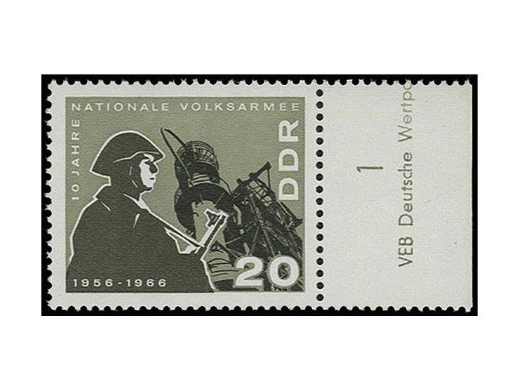 1966, Nationale Volksarmee 20 Pfg. mit fehlender Farbe mittelgelb, postfrisches rechtes Randstück, Fotoattest Schönherr BPP (