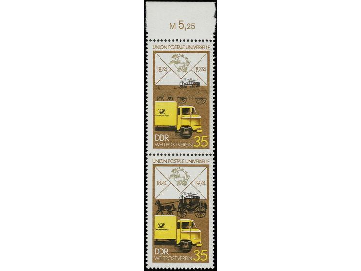 1974, UPU 35 Pfg. im senkrechten Oberrandpaar, dabei obere Marke mit Plattenfehler "Postkutsche zum größten Teil fehlend", po