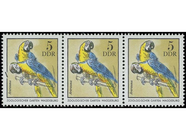 1975, Zootiere 5 Pfg. mit markantem Plattenfehler "linke Randlinie gebrochen", linke Marke im waagerechten 3er-Streifen mit N