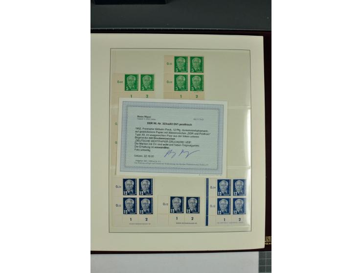 1949/90, in den Hauptnummern nahezu komplette postfrische Sammlung der Druckvermerke und Druckereizeichen, meist in Vierer- o