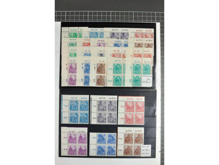 1950/90, postfrische Partie mit Eckrand-Viererblocks, dabei Mi.-Nr. 251-55, 322-26, 327-41, 362-79 (je 2), 405-22 etc, teils 