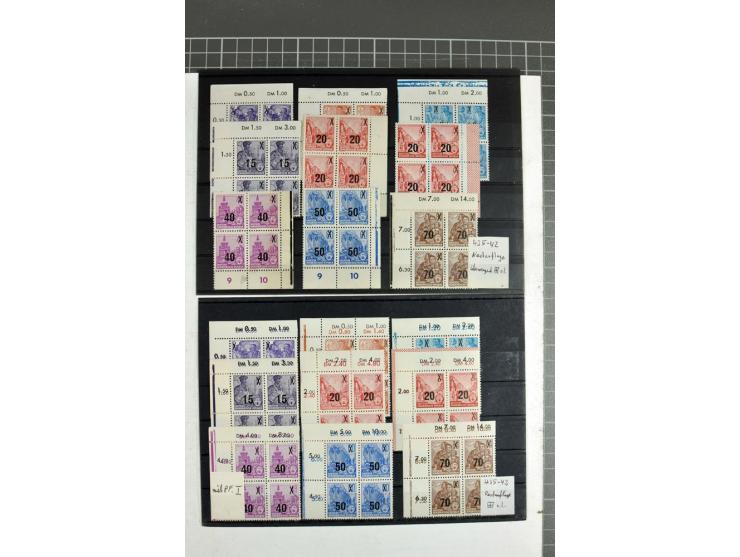1950/90, postfrische Partie mit Eckrand-Viererblocks, dabei Mi.-Nr. 251-55, 322-26, 327-41, 362-79 (je 2), 405-22 etc, teils 