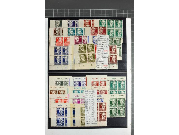 1950/90, postfrische Partie mit Eckrand-Viererblocks, dabei Mi.-Nr. 251-55, 322-26, 327-41, 362-79 (je 2), 405-22 etc, teils 