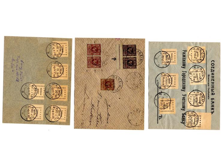 1919/24, 7 Briefe, dabei Mi.-Nr. 17-19 mit Wappenreiter-Stempel "SESTAKAVAS", außerdem Verzähnungen auf Brief sowie ein Lupo-