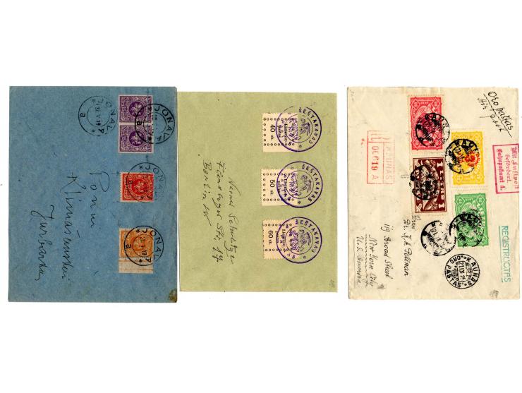 1919/24, 7 Briefe, dabei Mi.-Nr. 17-19 mit Wappenreiter-Stempel "SESTAKAVAS", außerdem Verzähnungen auf Brief sowie ein Lupo-