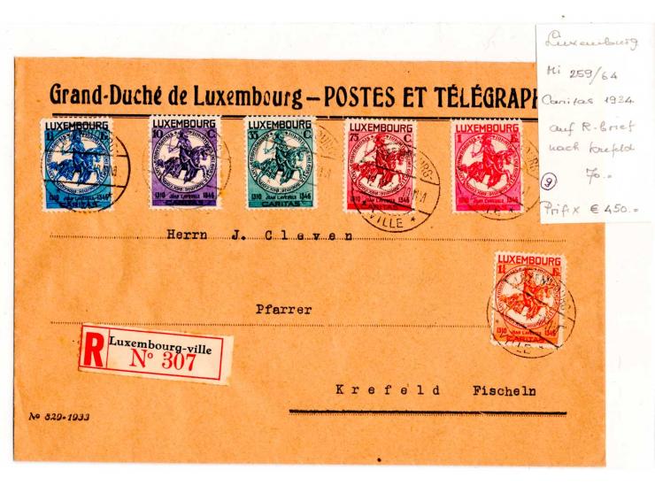 1932/34, Mi.-Nr. 245-49, 252-56 und 259-64 auf 3 Satz-R-Briefen nach Krefeld mit Ankunftsstempeln (Prifix 1.225,-)
