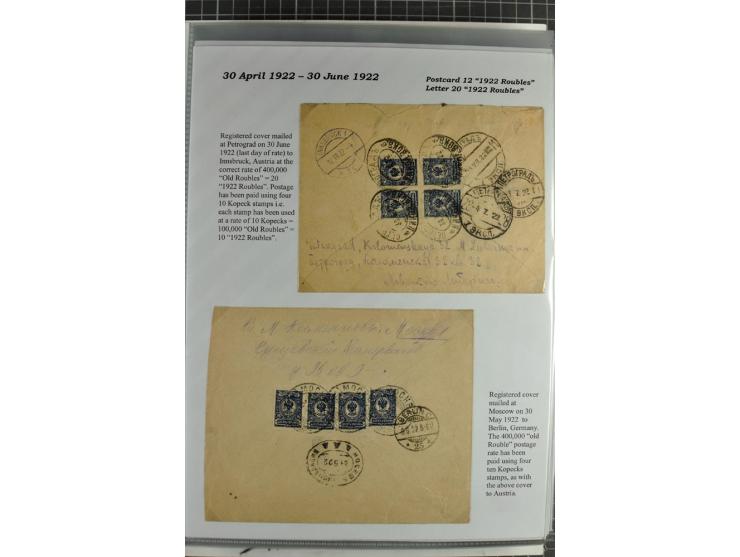1917/23, umfangreiche Sammlung Auslandspost mit über 150 Briefen und Karten, dabei u.a. Postsparmarken, Kopeken-Aufwertungen,