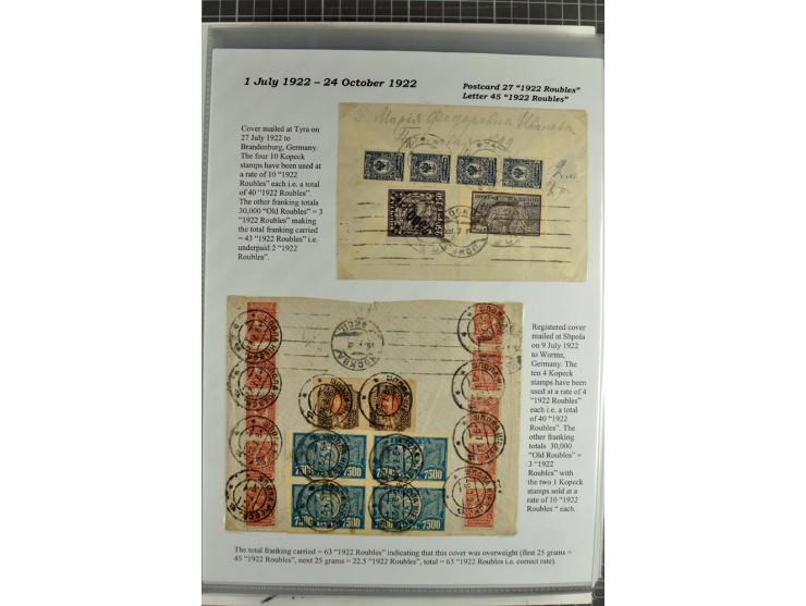 1917/23, umfangreiche Sammlung Auslandspost mit über 150 Briefen und Karten, dabei u.a. Postsparmarken, Kopeken-Aufwertungen,
