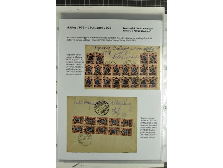 1917/23, umfangreiche Sammlung Auslandspost mit über 150 Briefen und Karten, dabei u.a. Postsparmarken, Kopeken-Aufwertungen,