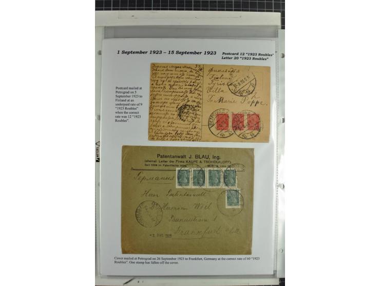 1917/23, umfangreiche Sammlung Auslandspost mit über 150 Briefen und Karten, dabei u.a. Postsparmarken, Kopeken-Aufwertungen,