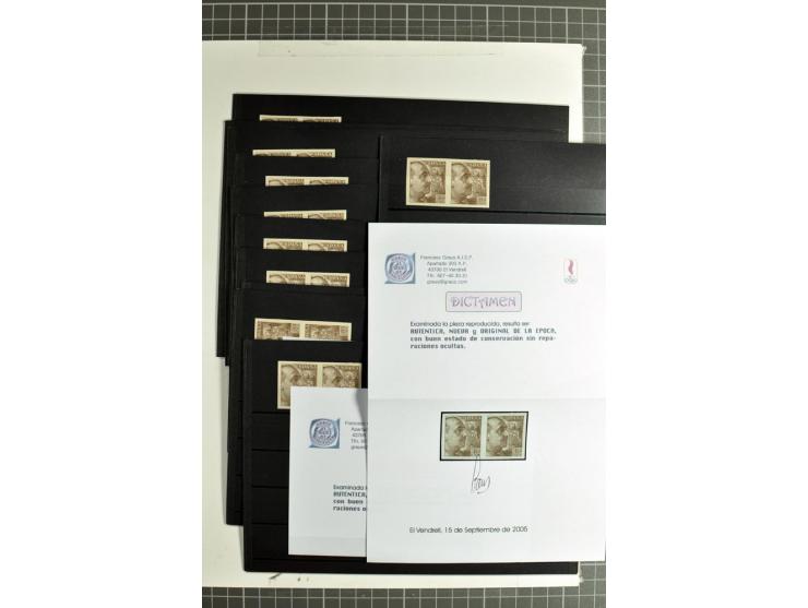 1939, General Franco 40 C., ungezähnter Probedruck in rot (70 Stück) und in olivbraun (22 Stück), alle in Paaren, postfrisch,