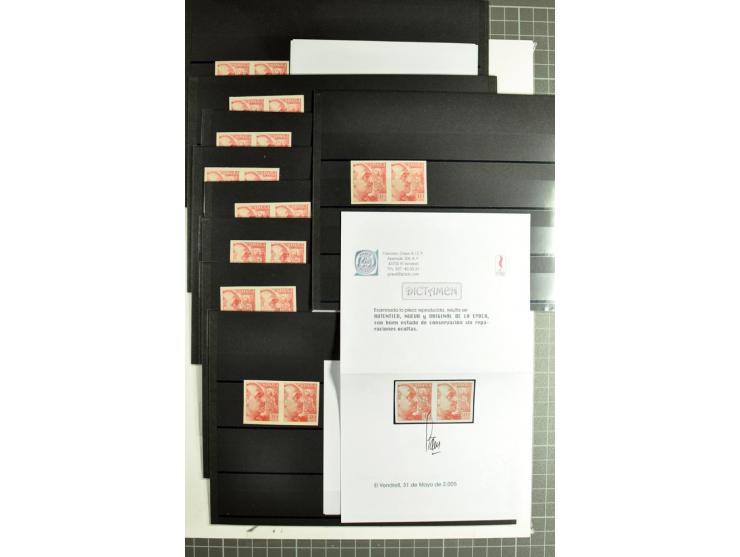 1939, General Franco 40 C., ungezähnter Probedruck in rot (70 Stück) und in olivbraun (22 Stück), alle in Paaren, postfrisch,