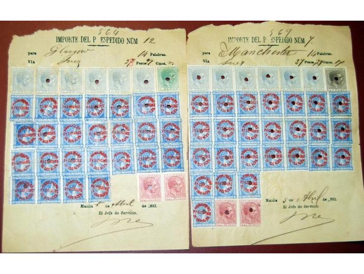 1882/83, 11 frankierte Telegraphenquittungen, alle Marken gelocht, sonst gute Erhaltung