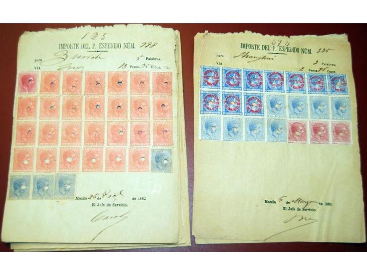 1882/83, 16 frankierte Telegraphenquittungen in verschiedene Länder, dabei China, Java, USA etc., alle Marken gelocht, sonst 