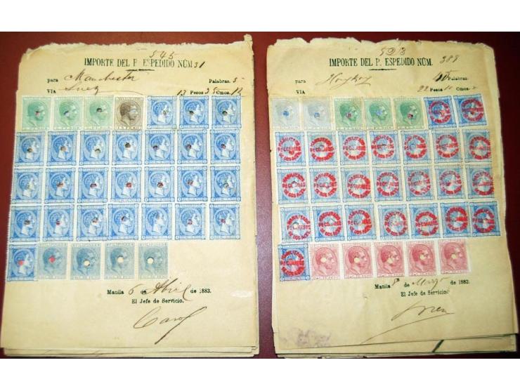 1882/83, 20 frankierte Telegraphenquittungen in verschiedene Länder, dabei HongKong, Schweiz, USA etc., alle Marken gelocht, 