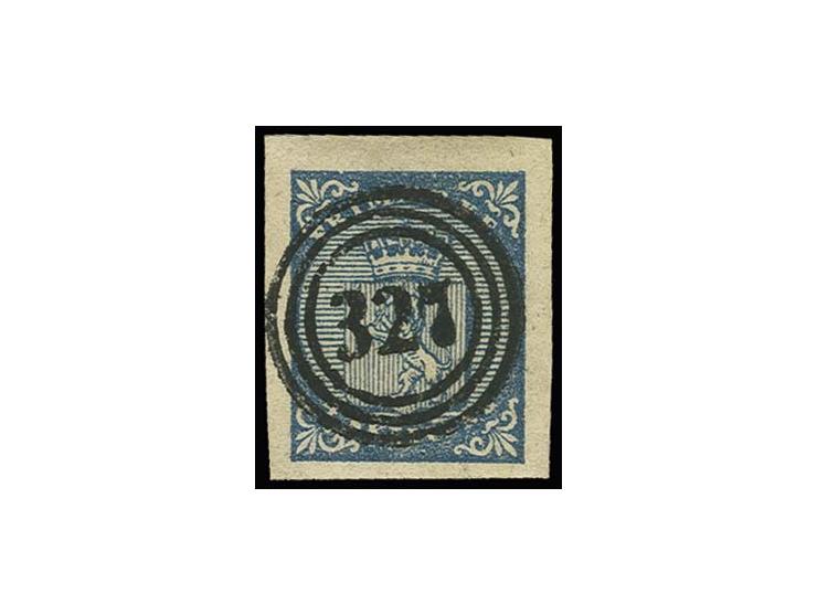 4 sk. blue, large to enormous margins and beautiful deep colour, cancelled by central clear numeral "327" VAAGEN; a magnifice