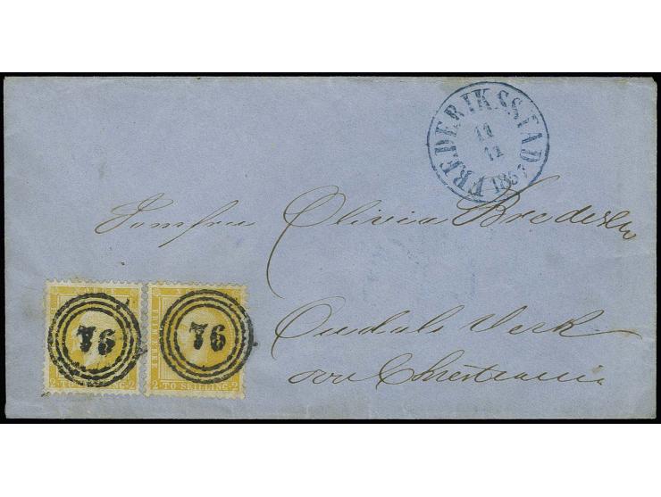 1856/57, Oscar 2 sk. yellow, 2 single copies, each neatly cancelled by numeral "76" to small blue cover with adjacent clear b