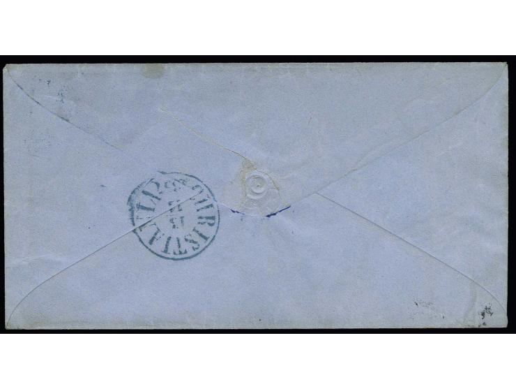 1856/57, Oscar 2 sk. yellow, 2 single copies, each neatly cancelled by numeral "76" to small blue cover with adjacent clear b