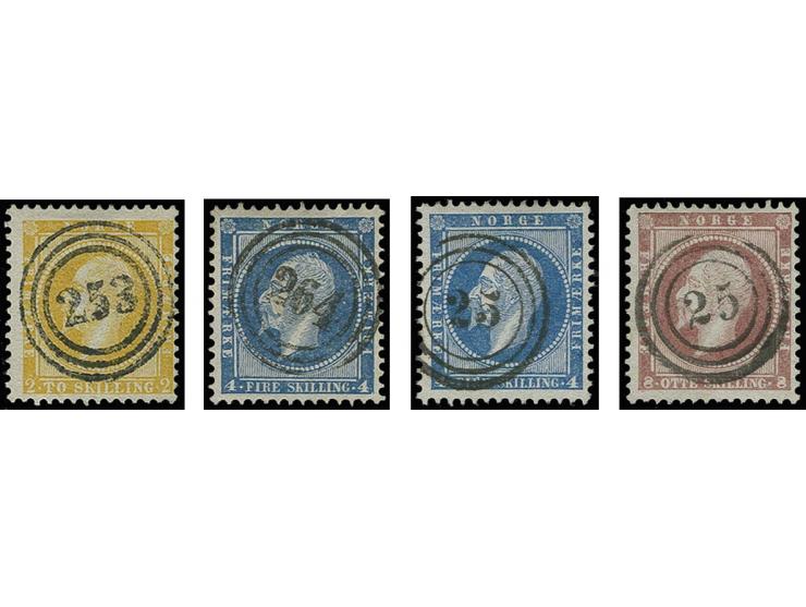 2 sk. orange, 4 sk. blue (2) and 8 sk. red, all with clear central numeral cancellations