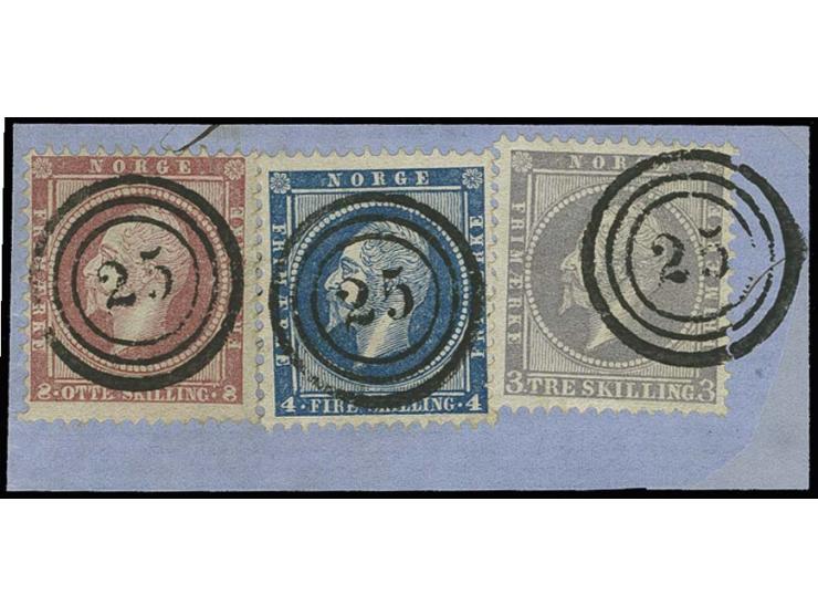 3 sk. grey-violet, 4 sk. blue and 8 sk. carmine, all in fresh colour and good perforation, tied by 3 superb strikes of numera