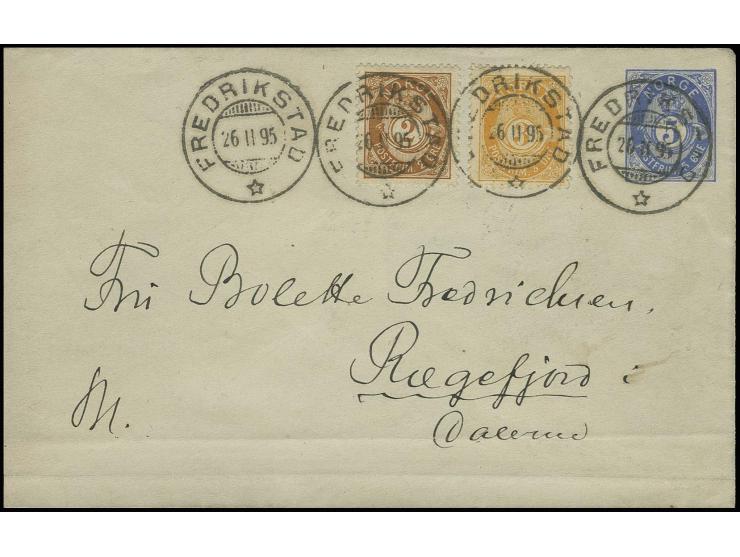 1890, 2 ö. brown with 1893, 3 ö. orange as additional franking on envelope 5 ö. blue with 4 clear strikes "FREDRIKSTAD 26. II