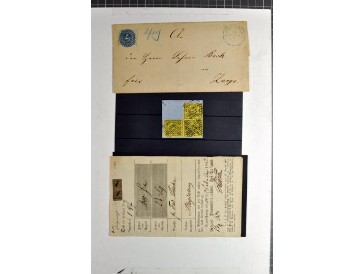 1852/65, 8 Briefe (u.a. mit Nr. 1 sowie Nr. 4 im 3er-Streifen), 1 Postschein sowie Nr. 4 im 4er-Block und Nr 11 im 3er-Block