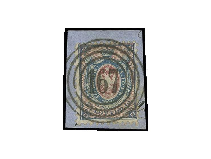 10 k. blue/rose with central clear "167" ZARKI on piece, extremely fine