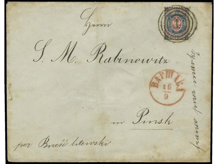 10 k. dark-blue/rose with clear central numeral "1" and adjacent red cds. "WARSZAWA 16/9" to envelope to Pinsk, one short per