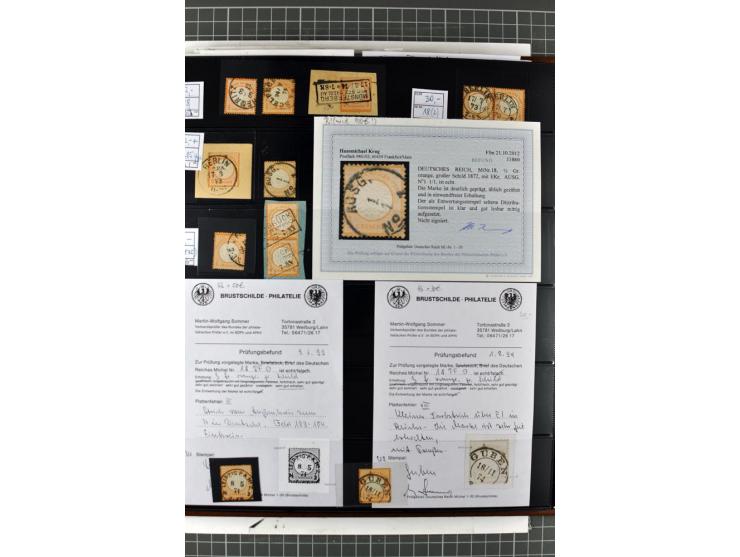 1872/74, Brustschilde-Spezialsammlung, überwiegend gestempelt mit ca. 240 Einzelmarken/Briefstücken und 44 Briefen/Karten. Da