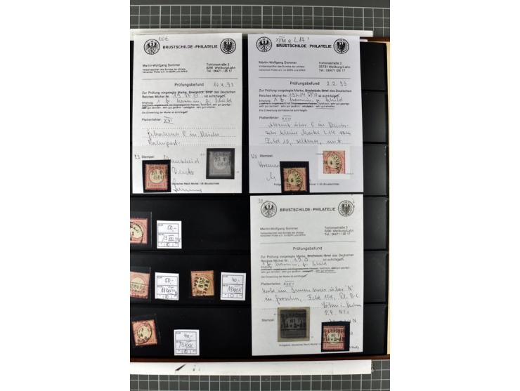 1872/74, Brustschilde-Spezialsammlung, überwiegend gestempelt mit ca. 240 Einzelmarken/Briefstücken und 44 Briefen/Karten. Da