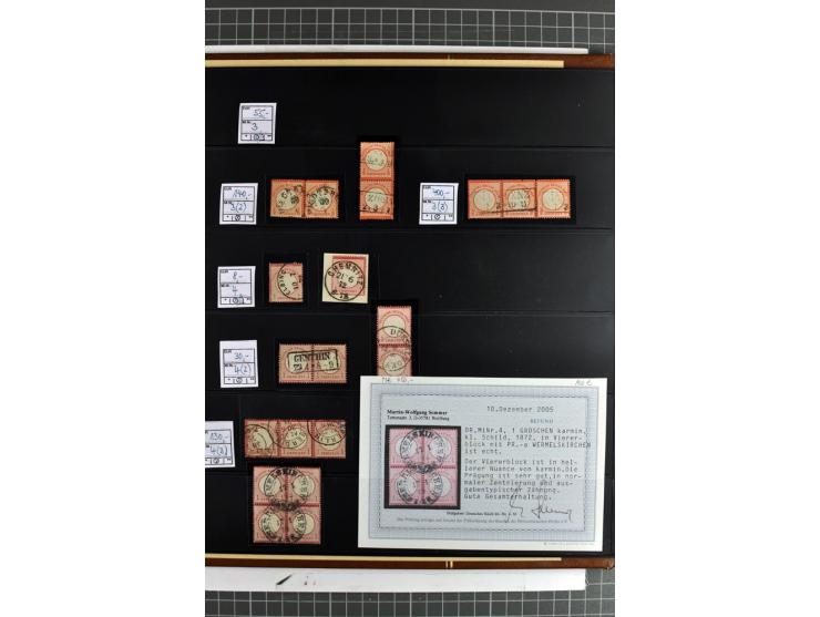 1872/74, Brustschilde-Spezialsammlung, überwiegend gestempelt mit ca. 240 Einzelmarken/Briefstücken und 44 Briefen/Karten. Da