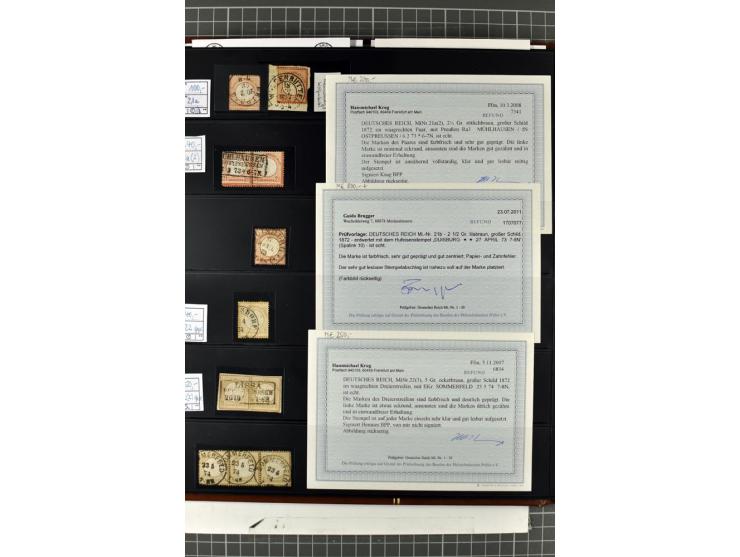 1872/74, Brustschilde-Spezialsammlung, überwiegend gestempelt mit ca. 240 Einzelmarken/Briefstücken und 44 Briefen/Karten. Da