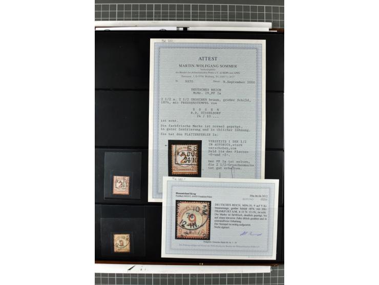 1872/74, Brustschilde-Spezialsammlung, überwiegend gestempelt mit ca. 240 Einzelmarken/Briefstücken und 44 Briefen/Karten. Da