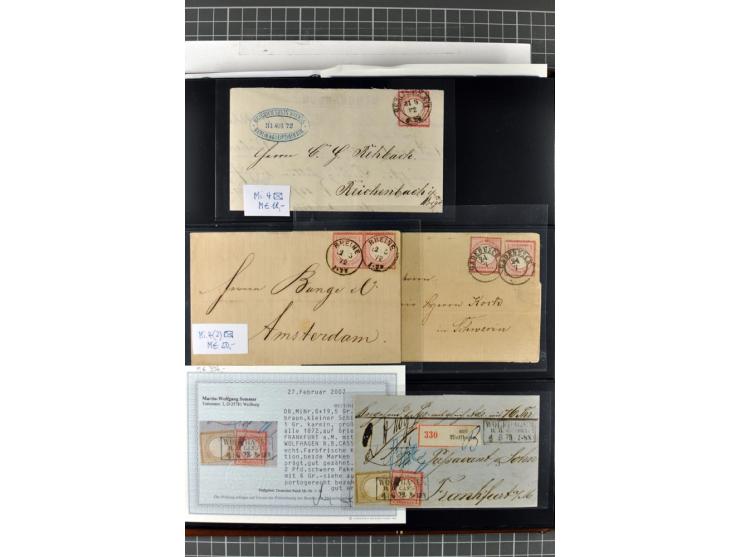 1872/74, Brustschilde-Spezialsammlung, überwiegend gestempelt mit ca. 240 Einzelmarken/Briefstücken und 44 Briefen/Karten. Da