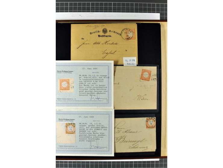 1872/74, Brustschilde-Spezialsammlung, überwiegend gestempelt mit ca. 240 Einzelmarken/Briefstücken und 44 Briefen/Karten. Da