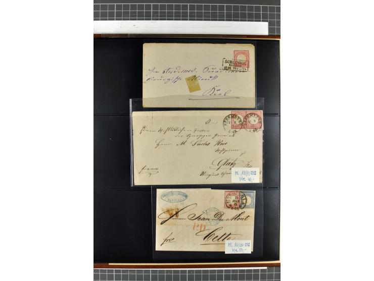 1872/74, Brustschilde-Spezialsammlung, überwiegend gestempelt mit ca. 240 Einzelmarken/Briefstücken und 44 Briefen/Karten. Da