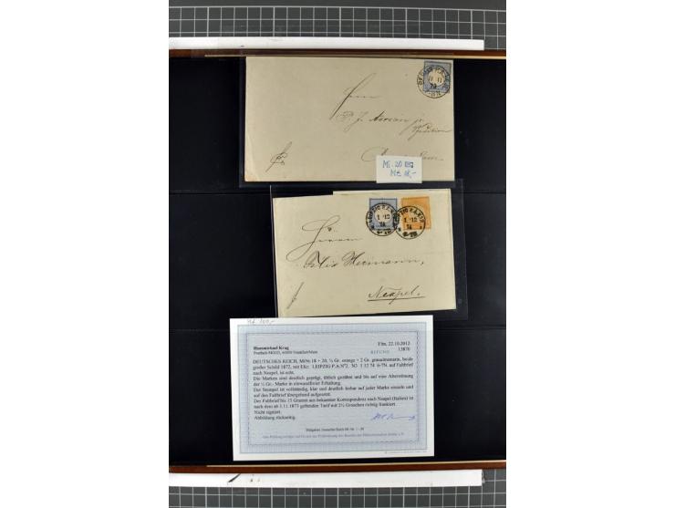 1872/74, Brustschilde-Spezialsammlung, überwiegend gestempelt mit ca. 240 Einzelmarken/Briefstücken und 44 Briefen/Karten. Da