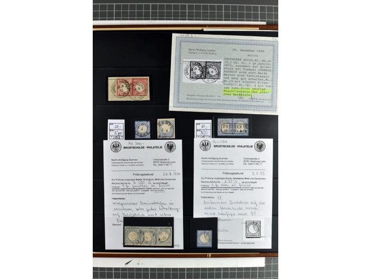 1872/74, Brustschilde-Spezialsammlung, überwiegend gestempelt mit ca. 240 Einzelmarken/Briefstücken und 44 Briefen/Karten. Da