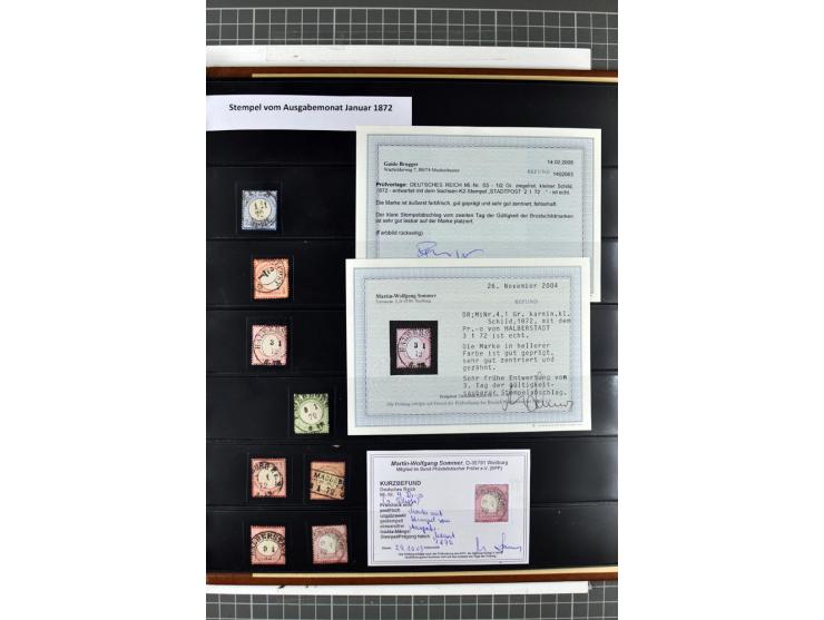1872/74, Brustschilde-Spezialsammlung, überwiegend gestempelt mit ca. 240 Einzelmarken/Briefstücken und 44 Briefen/Karten. Da