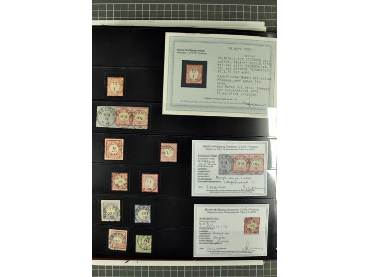 1872/74, Brustschilde-Spezialsammlung, überwiegend gestempelt mit ca. 240 Einzelmarken/Briefstücken und 44 Briefen/Karten. Da
