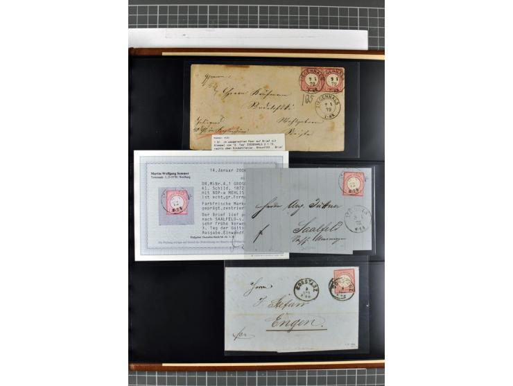 1872/74, Brustschilde-Spezialsammlung, überwiegend gestempelt mit ca. 240 Einzelmarken/Briefstücken und 44 Briefen/Karten. Da
